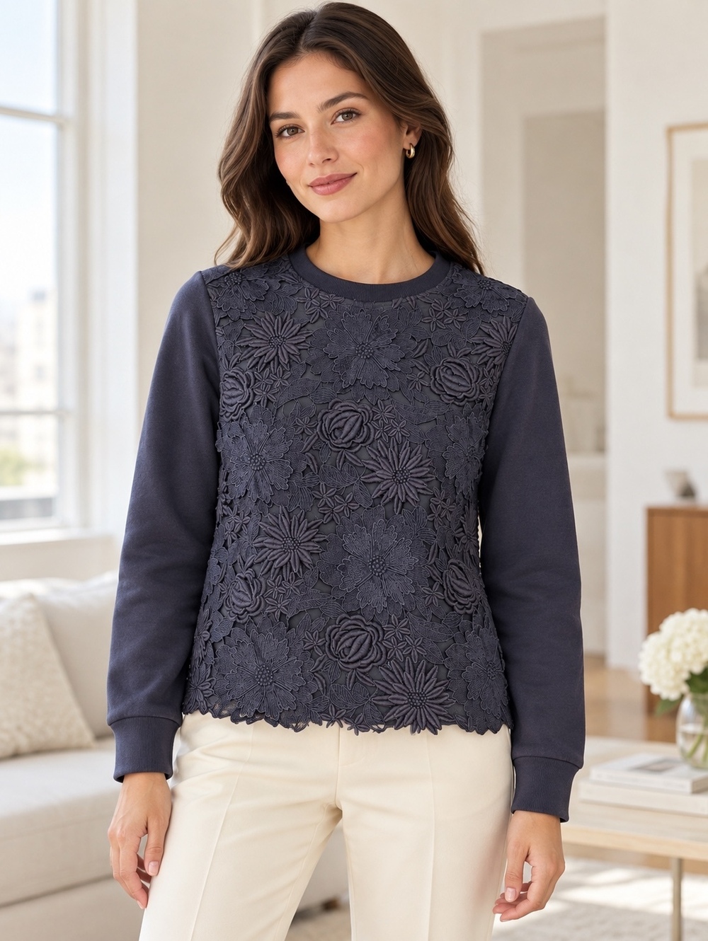 Tory Burch Navy Floral Lace Front Crewneck Sweatshirt XS